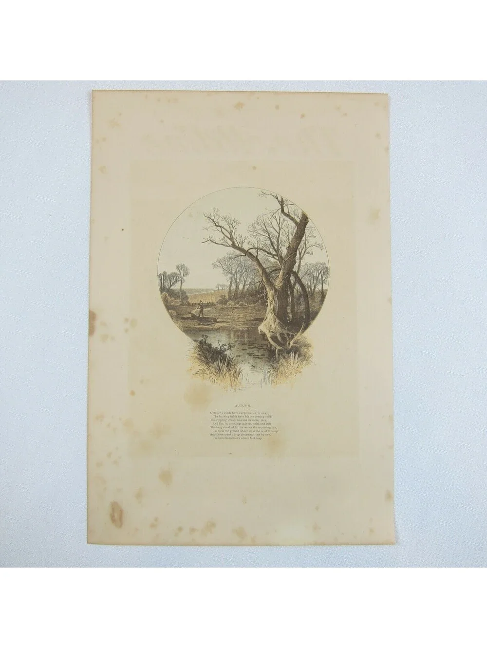 Antique 1870s Engraving Print The Aldine Farm & Stream in Autumn Fall Trees Poem
